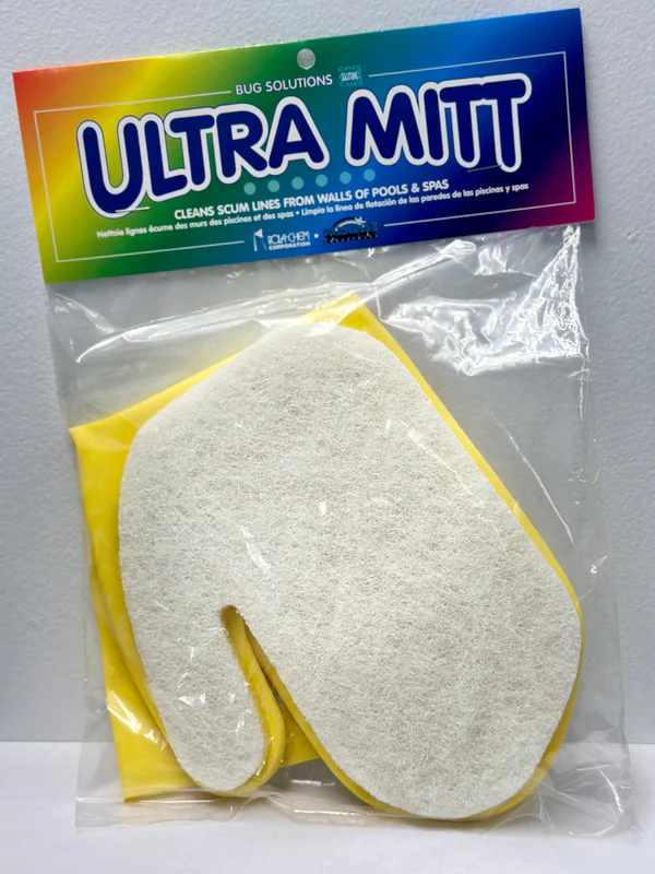 yellow and white hot tub cleaning mitten with rainbow packaging